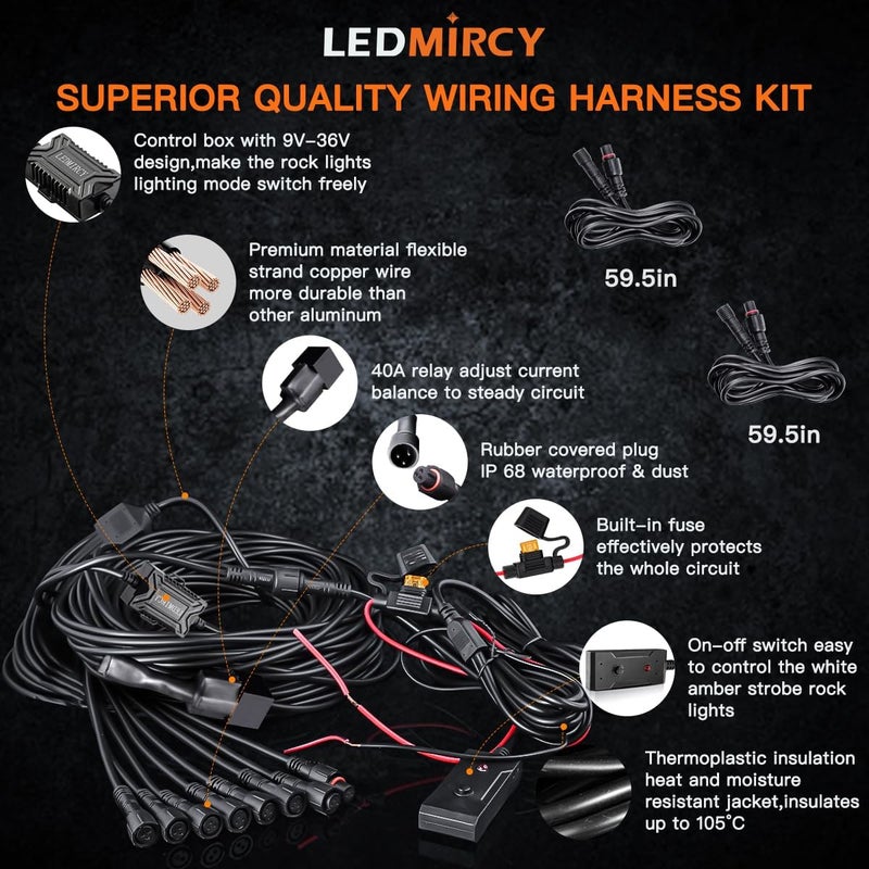 LEDMIRCY Switchback LED Rock Lights Kit White/Amber Strobe with Wiring Harness 8 Pods 6 Mode Reset Function Memory Function for Off Road Trucks ATV UTV SUV RZR Under Body High Power Waterproof - Image 5